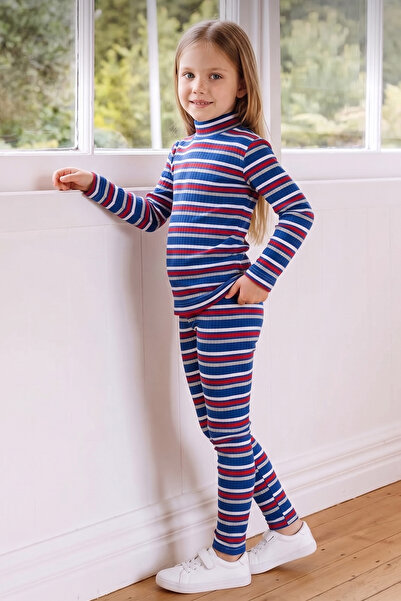 Fulla Moda Ribbed Striped High Neck Tights Girls' 2-Piece Set