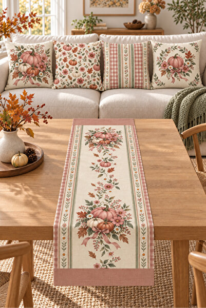 Evmila Powder Burgundy Floral Pumpkin Patterned 4 Throw Pillow Covers 1 Runne...