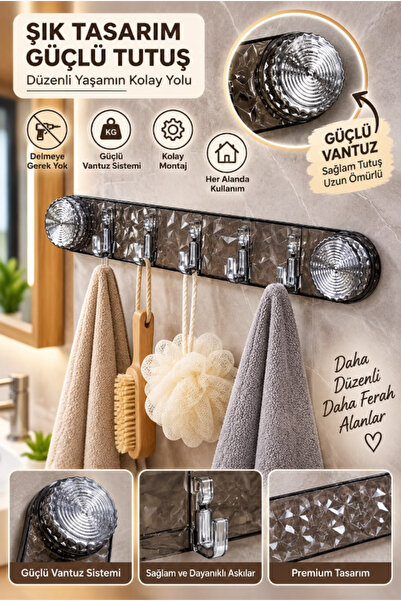 AYGÖREN HOME Ultra Güçlü Vakumlu Askılık 5’li Kanca – Delmeden Montaj, Banyo ...