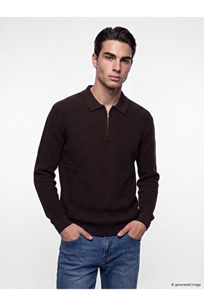 LC Waikiki Ozmarka New Season Brown Polo Collar Men's Knitwear Sweater