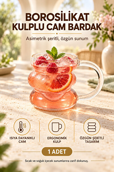 Anadolu Saray Kulplu Asimetrik Şerit Tasarımlı Cam Kupa Sıcak Soğuk İçecek Ba...