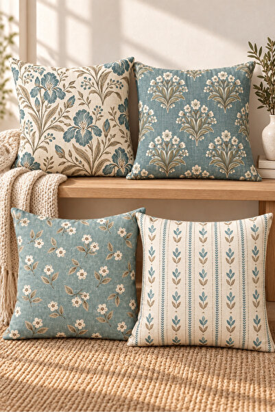 Evmila Blue Gray Botanical Geometric Patterned 4 Throw Pillow Covers 1 Runner...