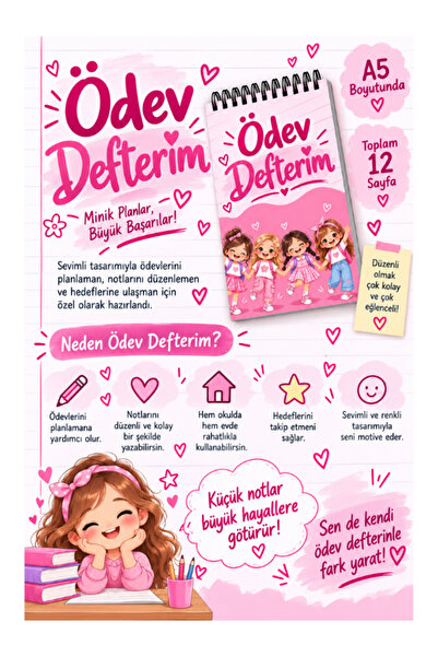 Pembe Yayınevi Ödev Defteri Spiralli – Öğrenciler İçin Günlük Ödev Takip ve Ders Planlama Defteri