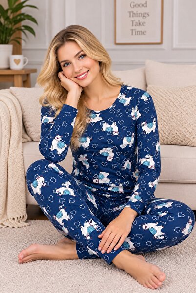 ELİTOL Blue Lama Patterned Long Sleeve Women's Pajama Set