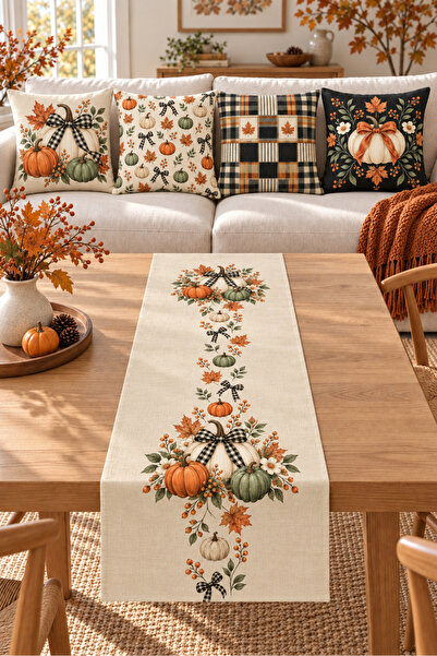 Evmila Black Orange Plaid Pumpkin Mushroom 4 Throw Pillow Covers 1 Runner 5 P...