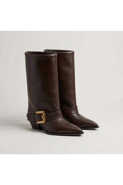 KNEZ Women's Buckle-Strapped Below-Knee Boots Pointed Toe Thick Heeled Casual...