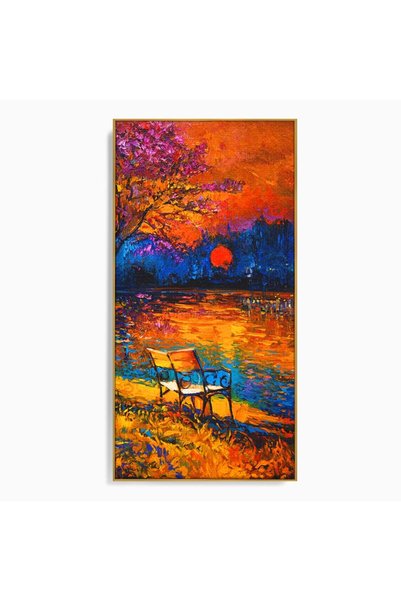 Luxcanva Tablou Canvas Apus Pe Lac 60x120 cm cu Rama Auriu Culori Lac Banca