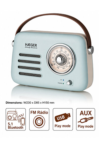 HAEGER Radio Bluetooth vintage RETRO BLUETOOTH, 4 moduri: Bluetooth/FM/USB/AUX, Autonomie de până la 20 de ore, Difuzor de 5W cu amplificator de 3W, Baterie încorporată cu încărcare USB-C, Albastru