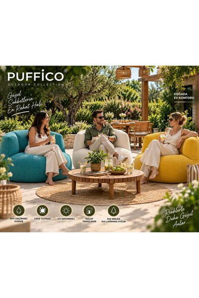 puffiber Outdoor Puf Koltuk – Sıvı Geçirmez Leke Tutmaz Kumaş – Bahçe Balkon Veranda Pufu 94x76 cm