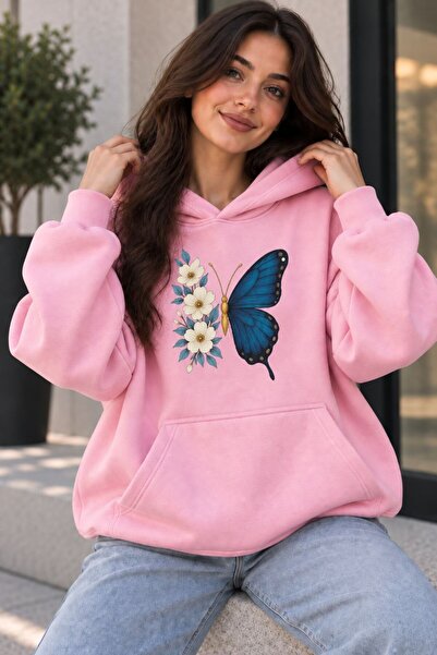 PENTHİLUS Kadın Oversize Kelebek ve Çiçek Baskılı Kapüşonlu Sweatshirt Kangur...