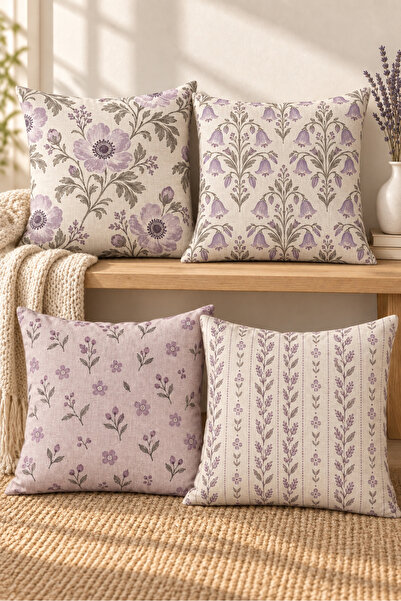 Evmila Lilac Cream Damask Botanical Patterned 4 Throw Pillow Covers 1 Runner ...