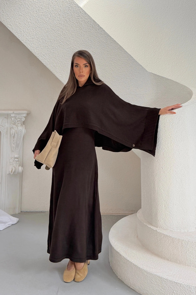 Lusin Women's Bitter Brown Polo Collar Poncho Sweater and Long Knit Dress Dou...