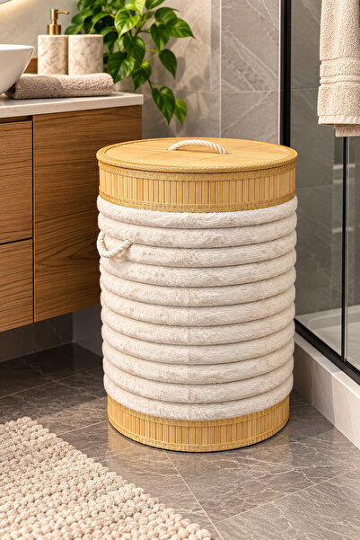 İnterlife Peluşlu Çamaşır Sepeti Yıkanabilen Kılıflı Bambu Dekoratif Banyo Ki...