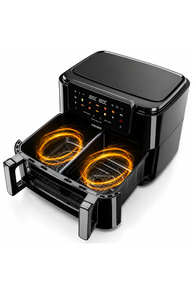 HAEGER Friteuză dublă cu aer cald SUPER COOK, 2600W, Capacitate 10L, compartimente detașabile 2x5L, 10 programe, ecran tactil, tăvi detașabile lavabile, gătit fără ulei cu aer cald 360°, Negru