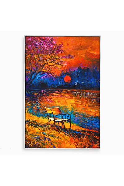 Luxcanva Tablou Canvas Apus Pe Lac 70x100 cm cu Rama Argintiu Culori Lac Banca
