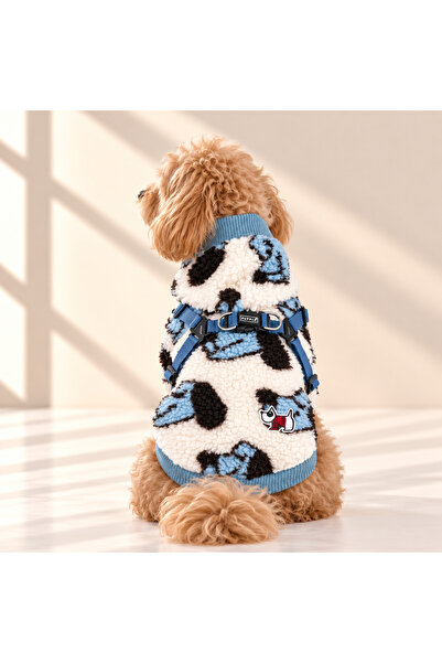 puppia Peluş Köpek Montu – Göğüs Tasmalı Desenli Mavi