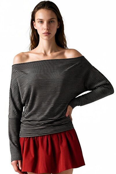 Hiccup Busem Striped Degaje Collar Long Sleeve Blouse
