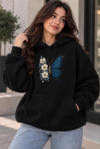 PENTHİLUS Kadın Oversize Kelebek ve Çiçek Baskılı Kapüşonlu Sweatshirt Kangur...