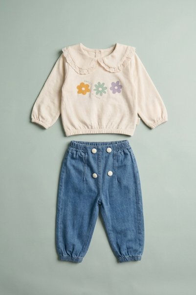 zumino Baby Girl Floral Printed Scallop Collar Sweatshirt and Button Detailed...