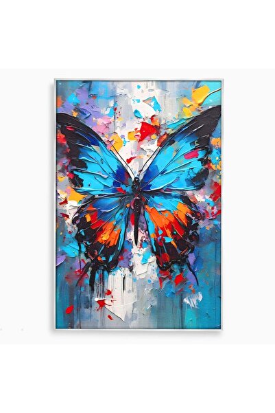 Luxcanva Tablou Canvas Fluturele Albastru 50x70 cm cu Rama Argintiu Living Fl...