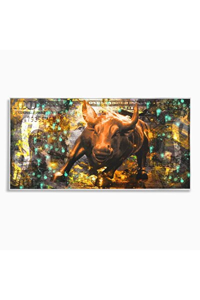 Luxcanva Tablou Canvas Dollar Bull 120x60 cm cu Rama Argintiu Birou Taur Banc...