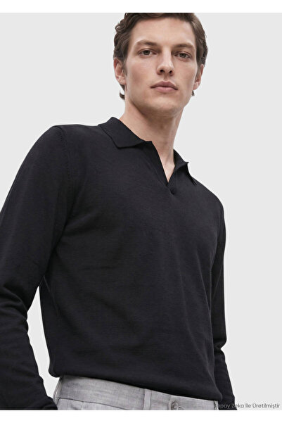 Ramsey Siyah Polo Yaka Düz Sweatshırt