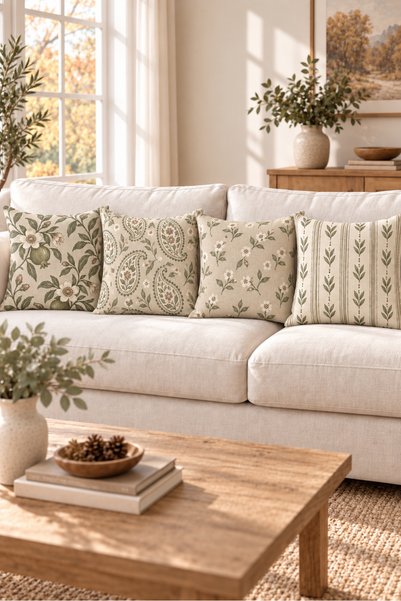 Evmila Khaki Beige Botanical Shawl Patterned 4 Throw Pillow Covers 1 Runner 5 Piece Set