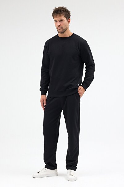 COMEOR Black Relaxed Fit Crew Neck Sweatshirt Straight Leg Men's Tracksuit Set