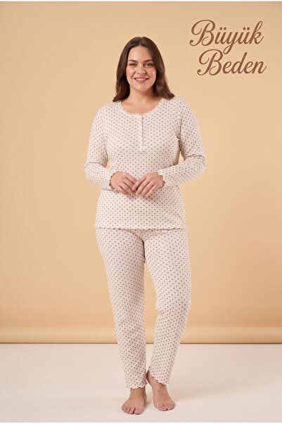 cotonhause Kadın Uzun Kol Raporlu İnterlok Büyük Beden Beyaz Pijama Takımı C9T4N28