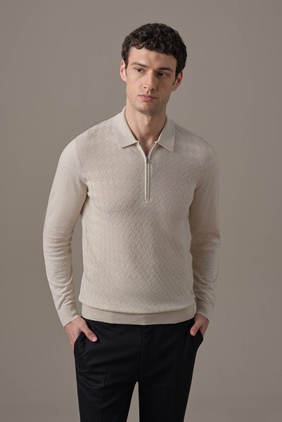 Hemington Extrafine Merino Mini Argyle Desen Bej Fermuarlı Polo Triko