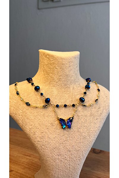 Miras Collection - Gökçe Kanat Mavi Kristal Kelebek 316L Çelik Kolye
