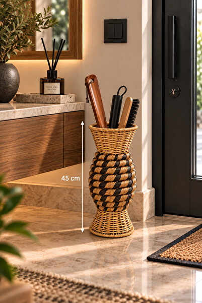 Chefstar HASIR GÖRÜNÜMLÜ RATTAN ŞEMSİYELİK\VAZO 45 CM AYAKLI DEKORATİF ŞEMSİY...