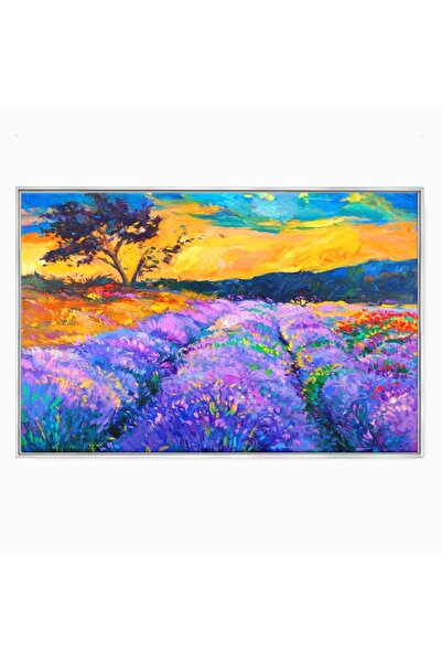 Luxcanva Tablou Canvas Lavanda 60x40 cm cu Rama Argintiu Peisaj Apus Mov