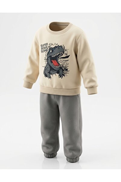 Erkek Çocuk 2-3/3-4/4-5/5-6/6-7 Yaş /3 İplik Pamuklu Şardonlu Kalın Dinazor Baskılı Uzun Kollu Beli Latikli Eşofman Altı 2'li Takım/Sweatshirt Alt Üst Takım/Anaokulu Eşofman Takımı/Üç İplik Eşofman