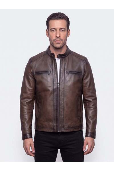 White Stone Genuine Leather Brown Men's Jacket with Side and Front Pockets