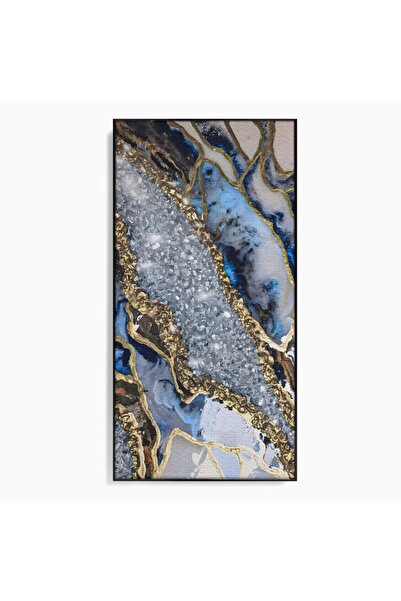 Luxcanva Tablou Canvas Marmura Albastra 70x140 cm cu Rama Negru Abstract Auri...