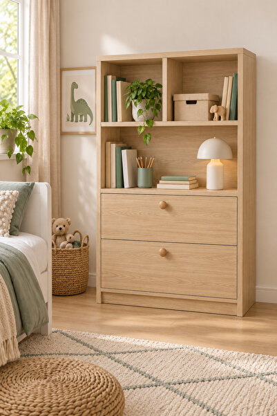 tino furniture Mix 4 Bölmeli 2 Çekmeceli Kitaplık Çocuk Genç Odası Meşe 75 cm
