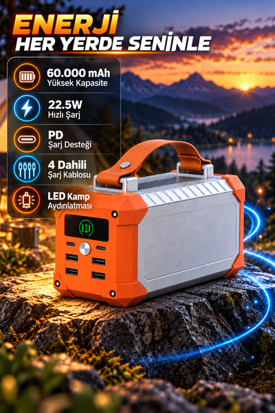 TECHNOMEN 60.000 mAh Powerbank 22.5W PD Hızlı Şarj 4 Dahili Kablolu LED Kamp ...