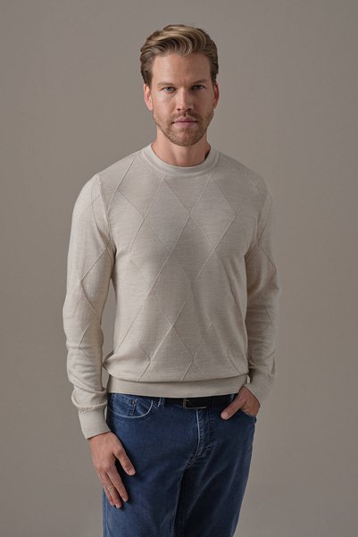 Hemington Merino Yün İpek Karışım Bisiklet Yaka Argyle Desen Bej Triko