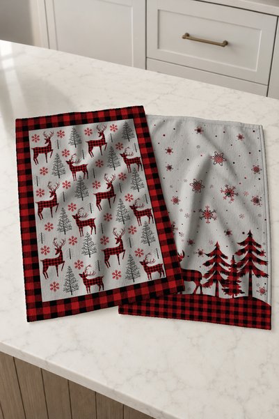 Evmila Reindeer Snow Check Deer Snowflake and Red Black Plaid Christmas 2-Piece Kitchen Towel Set 35X55