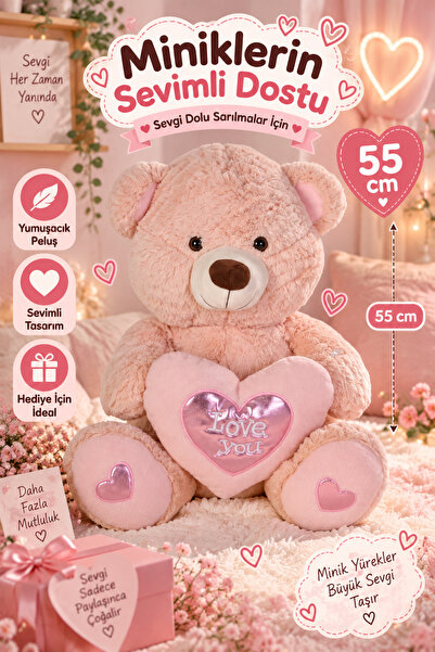 hak-iş oyuncak 55 cm Heart Plush Bear – Powder Pink Soft Plush Toy