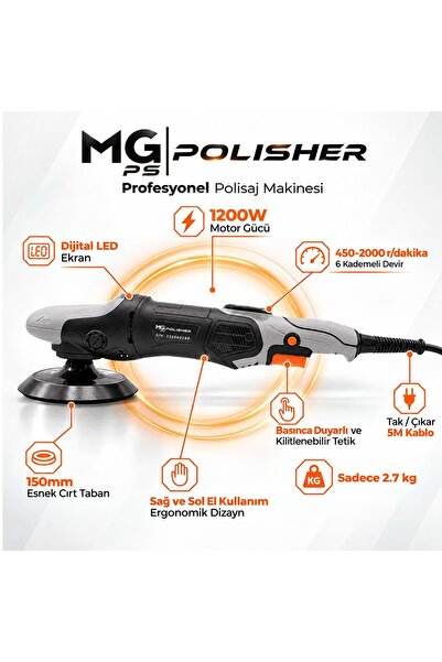 MG PS MG|PS MG-RPV002 1200W Rotary Polisaj Makinesi | Dijital LED Ekranlı Pro...