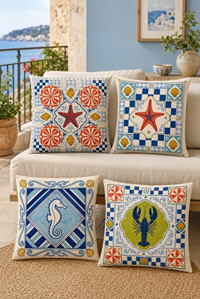 EVPANYA Checkered Sea Creatures Patterned 4-Piece Throw Pillow Cover Set