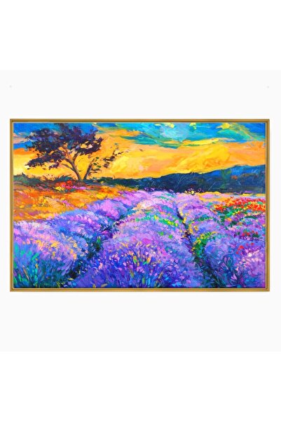 Luxcanva Tablou Canvas Lavanda 70x50 cm cu Rama Auriu Peisaj Apus Mov