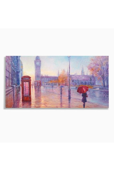 Luxcanva Tablou Canvas Ploaie In Londra 100x50 cm pe Sasiu Lemn Red Telephone...