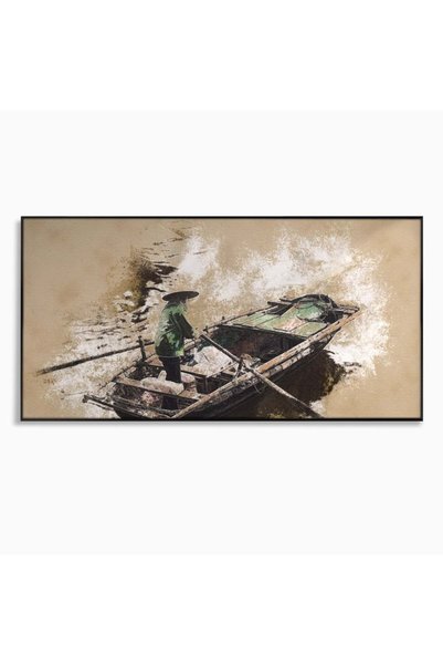 Luxcanva Tablou Canvas Pescarul cm cu Rama Negru Living Barca Lac
