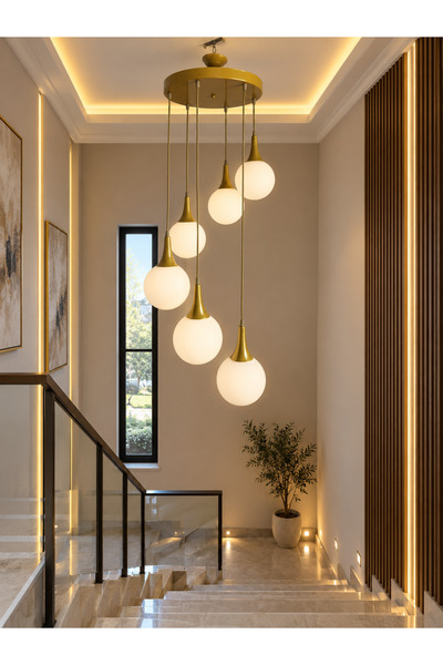 Ömür Avize İnci eskitme gold kasa globe camlı 6lı sarkıt avize