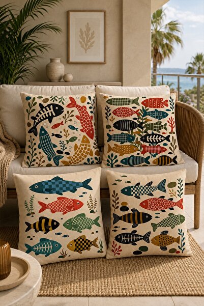 EVPANYA Checkered Fish Patterned 4-Piece Throw Pillow Cover Set