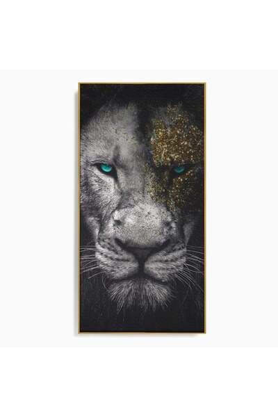 Luxcanva Tablou Canvas Leu Cu Ochi Albastri 70x140 cm cu Rama Auriu Decorativ...