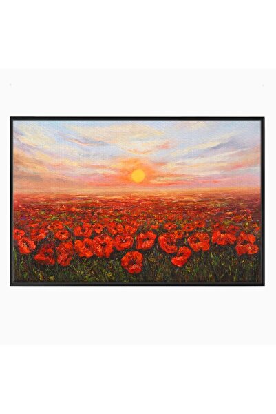 Luxcanva Tablou Canvas Campul Cu Maci 60x40 cm cu Rama Negru Living Flori Soare